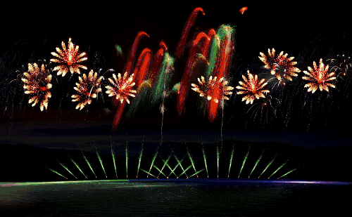 燃放中采用电脑特效的花束,动感的特效烟花和定制的水面礼花,配合