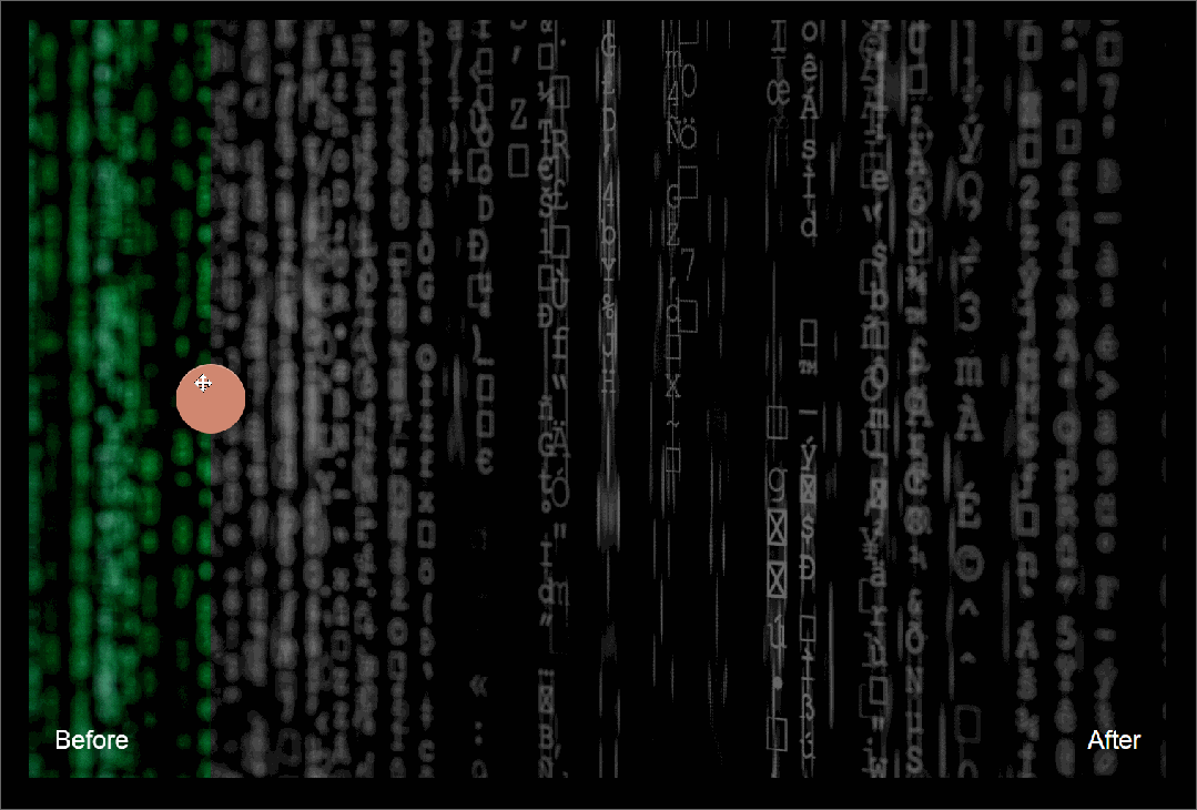 图 14. 带有两幅输入图像的 ImageSlider。将中心橙色球向左（之前）或向右（之后）移动后显示的图像