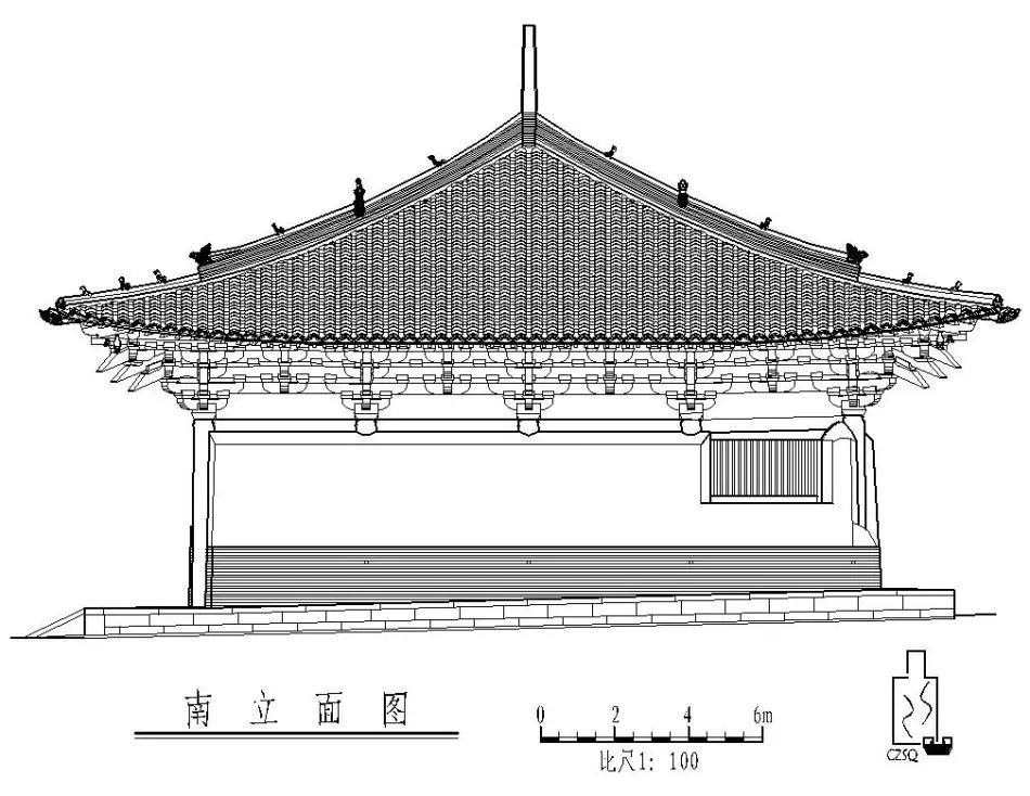 图一,佛光寺东大殿纵断面和西立面图(梁思成原文原图) 平面