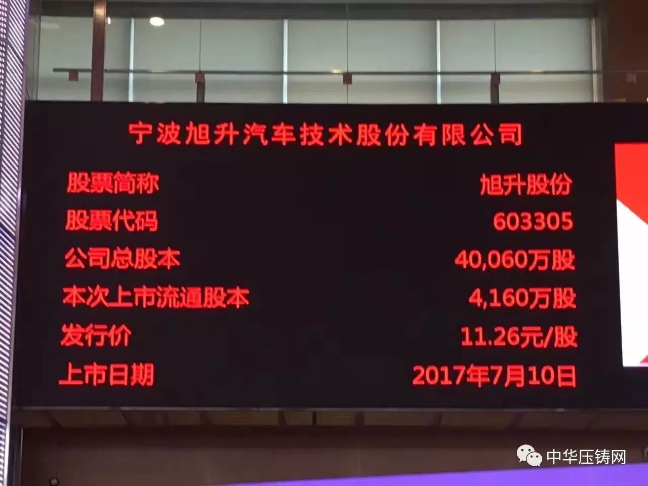 祝贺特斯拉概念压铸第一股宁波旭升汽车隆重上市