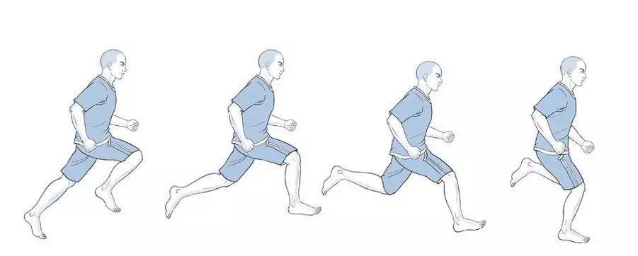 全掌跑法的分解动作如下图. 前掌跑法就是跑步时前脚掌先落地.
