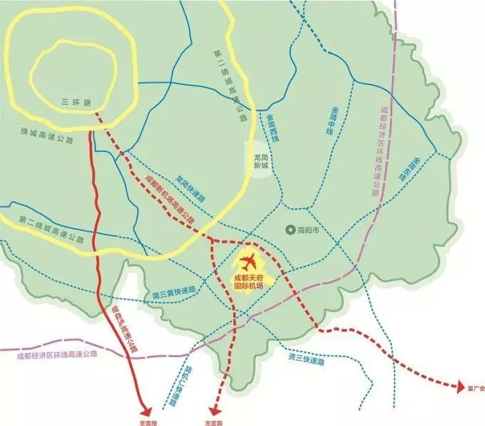 同时,成简高速公路的部分 成都天府国际机场高速(新机场高速)现