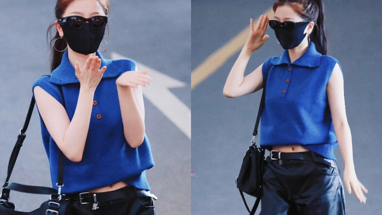 虞书欣私服出行,宝蓝上衣搭配利落黑皮裤