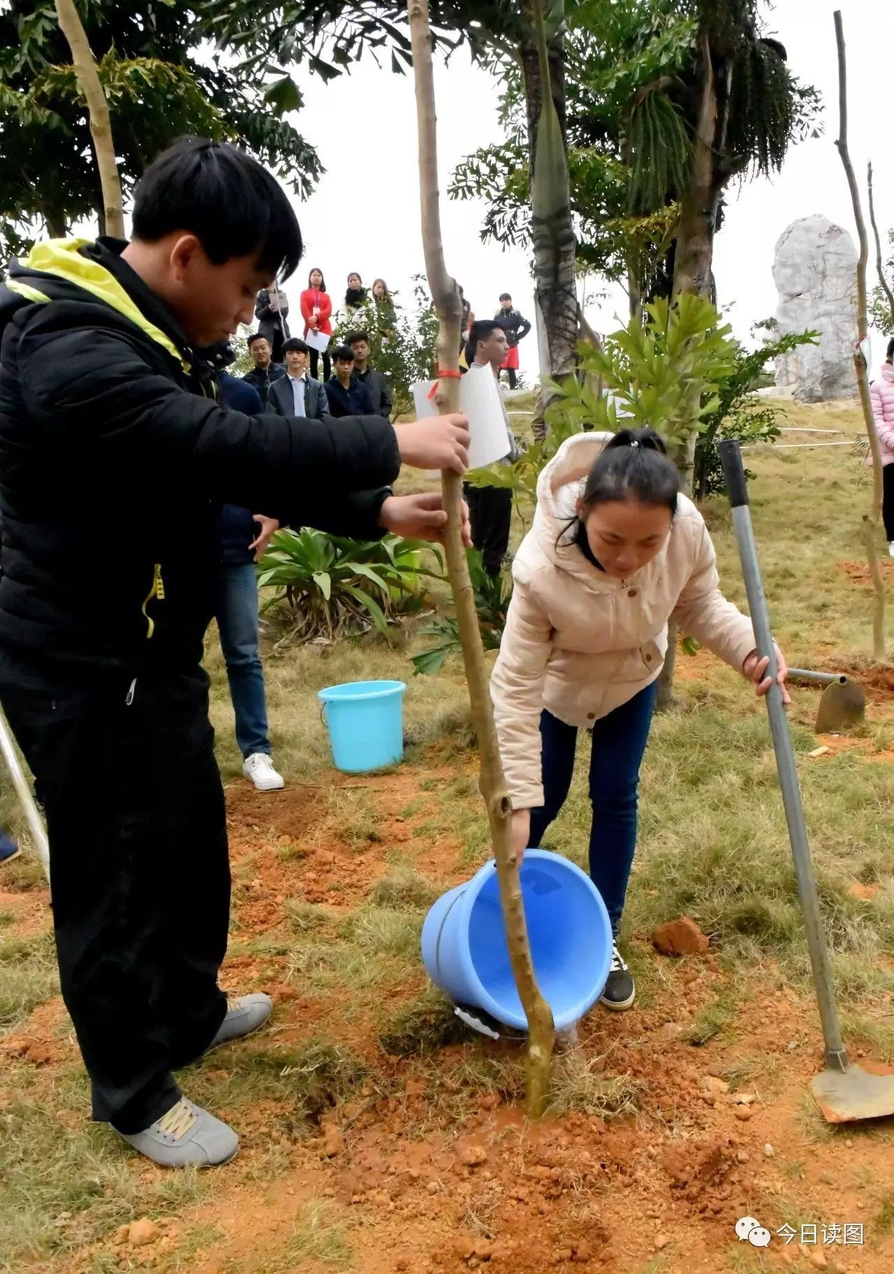 广西经济职业学院学生在植树浇水.