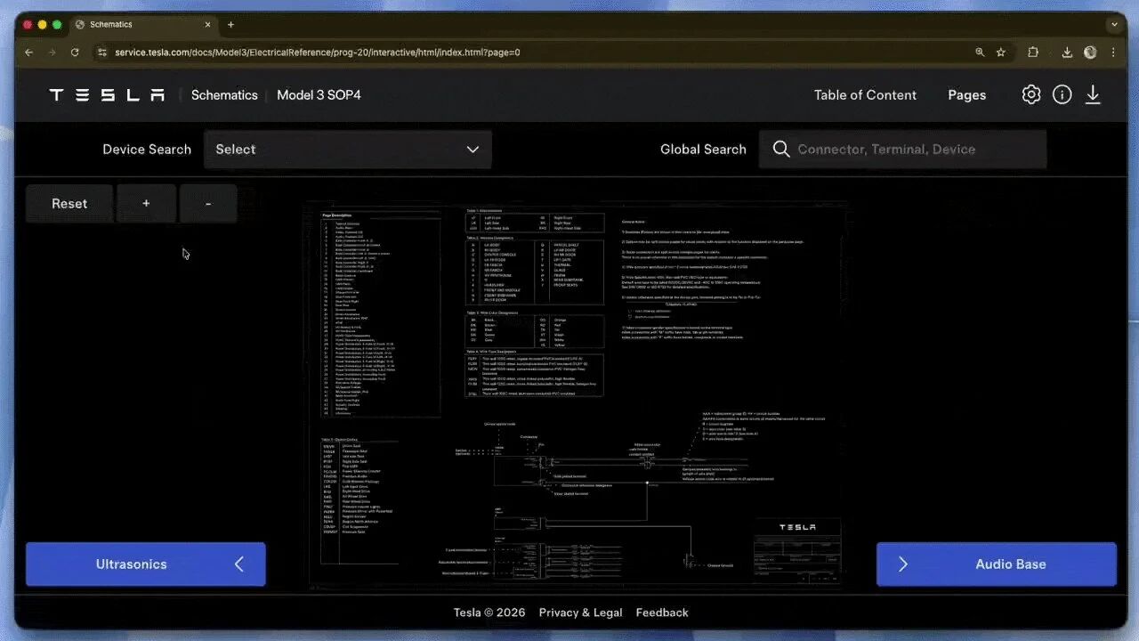图2：特斯拉电气原理图显示屏幕接线图和连接器针脚分配