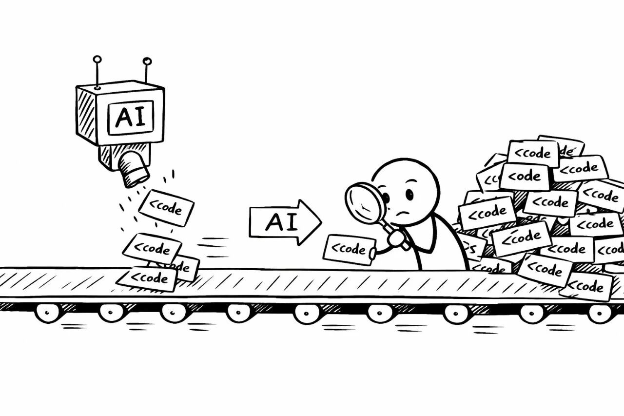 Image 2: AI dropping code onto a conveyor belt faster than a human can review