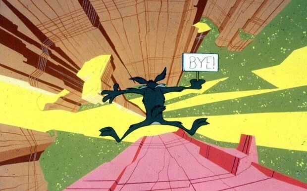 Image 2: Wile E. Coyote holding a BYE sign as he falls off a cliff