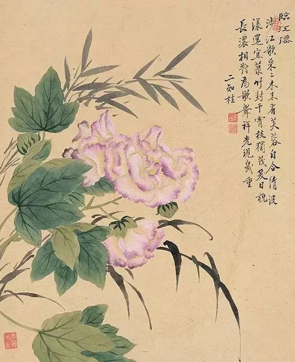 何水法先生笔下的芙蓉,花光摇荡,似云霞散绮,枝叶灵动,若翩然起舞,色