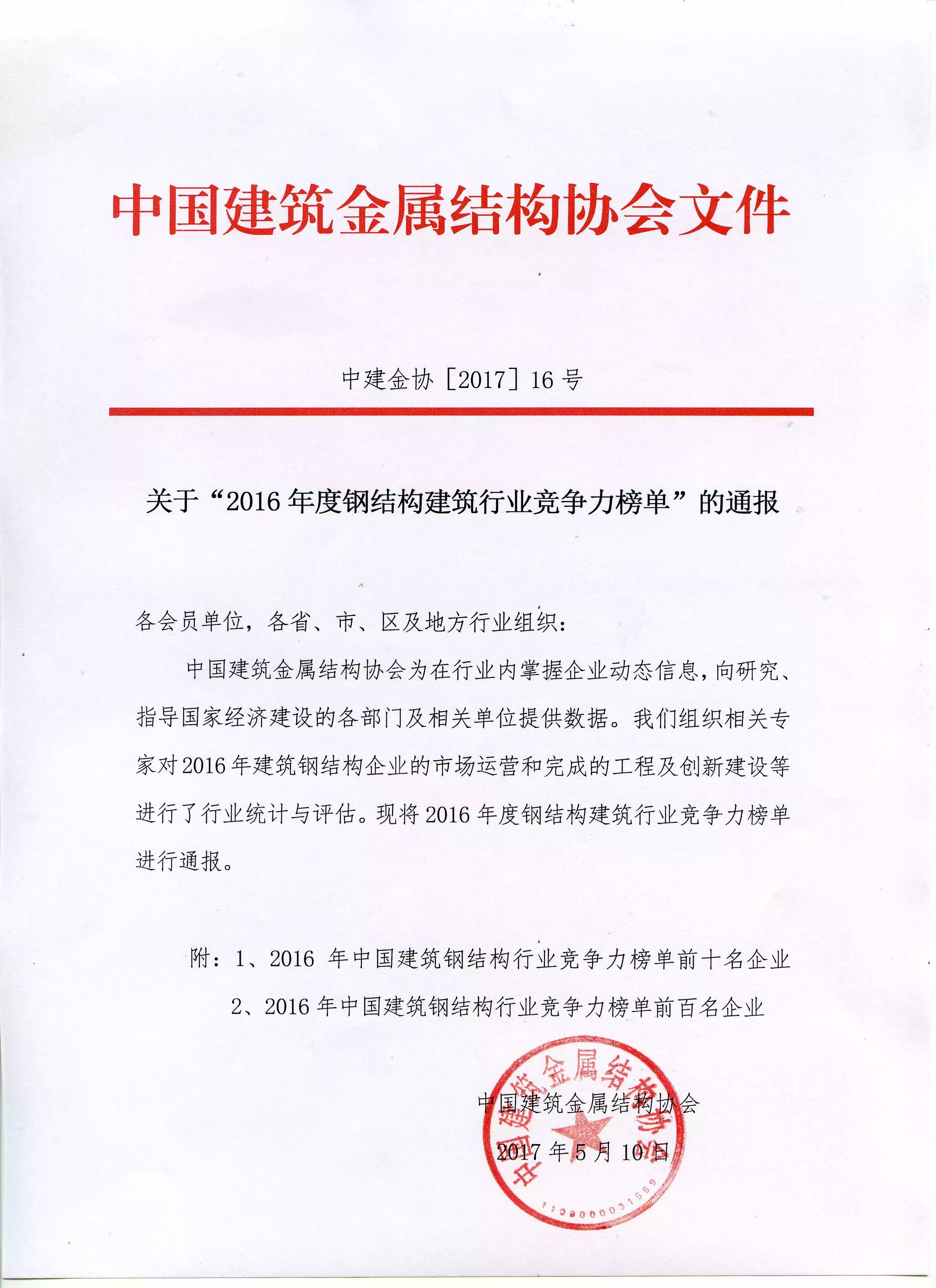 热烈祝贺四川汇友建设工程有限公司荣登2016年度钢结构建筑行业具竞争