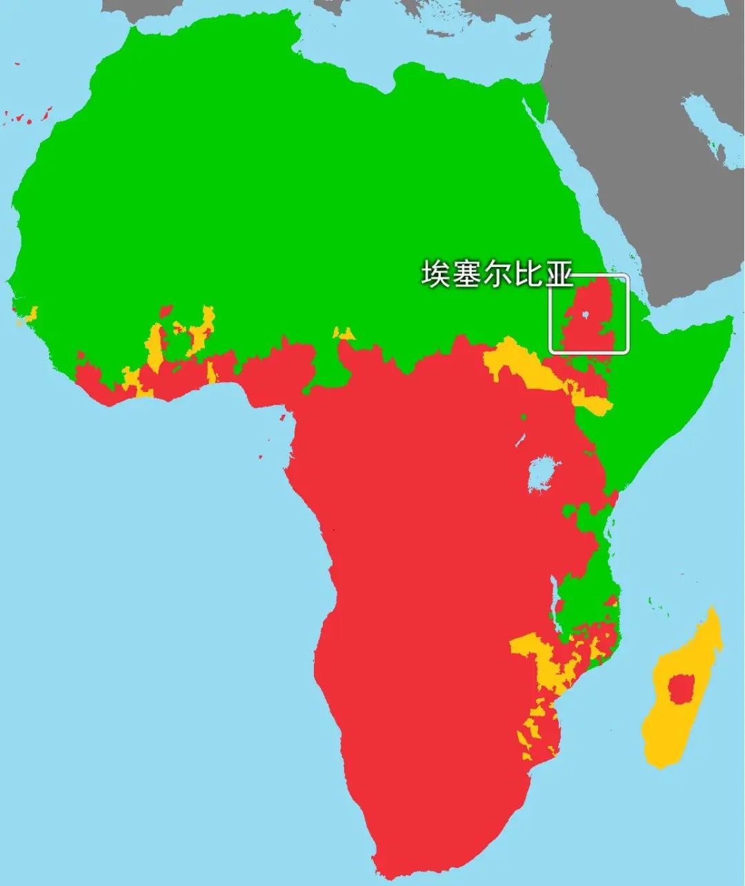 当代非洲宗教版图,绿色为伊斯兰板块,红色为(广义)基督教板块,黄色为