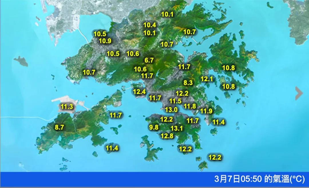 圖為截至3月7日清晨5時50分，天文台顯示各區氣溫。（天文台網頁圖片）