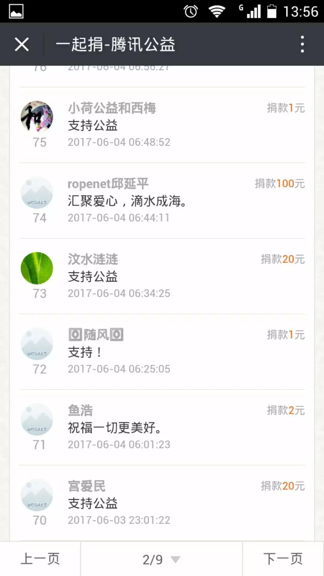 感恩"百年优果"扶农护树助学行动项目在腾讯公益上募捐的爱心人士