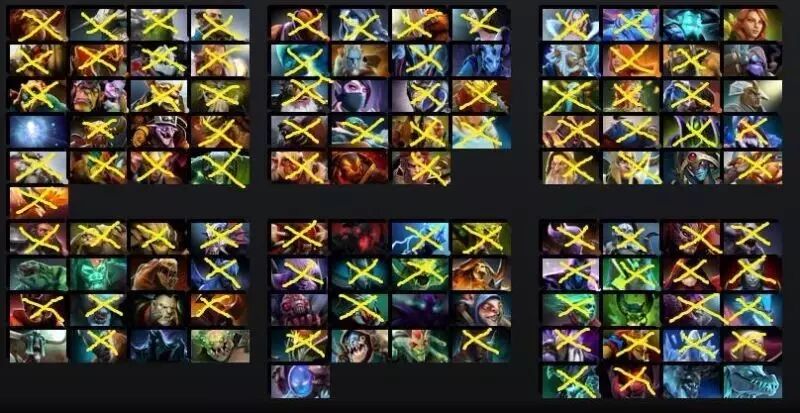 TS7中VP所使用的英雄图表，画X代表已经使用过的，大家可以感受一下