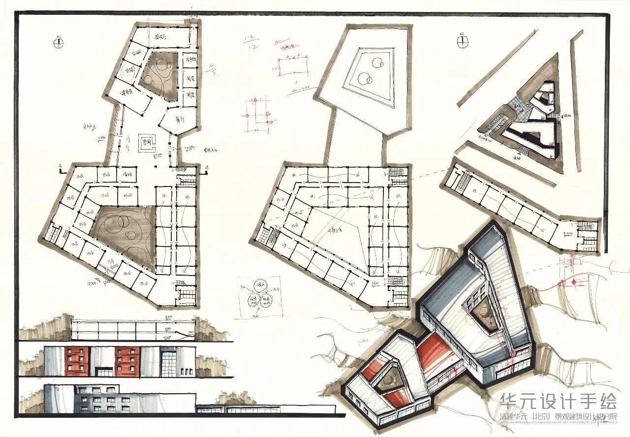 主入口选择恰当,图面表达清晰,造型方面,用折线呼应三角形地块,主干道