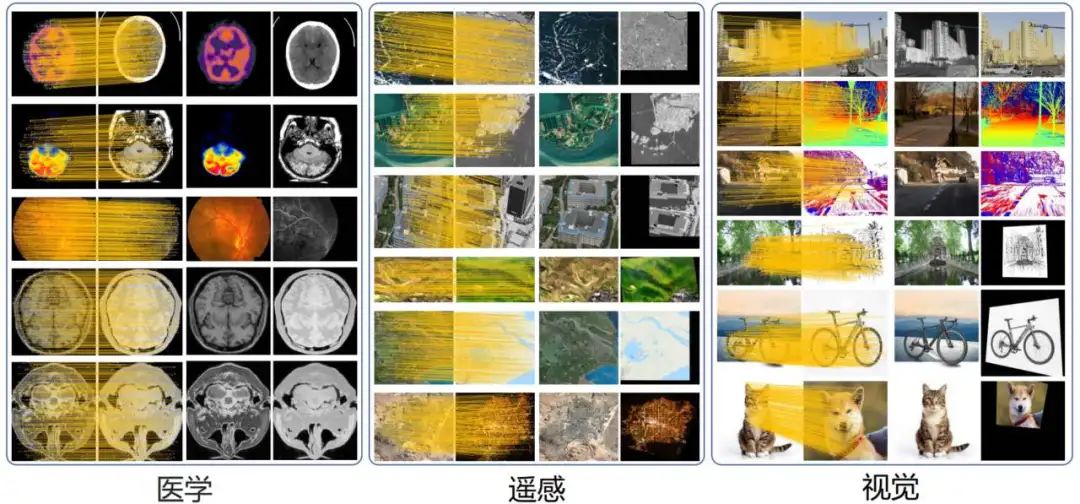 图2. MINIMA在医学、遥感、视觉真实跨模态匹配结果，每组左为特征匹配，右为像素对齐后结果。