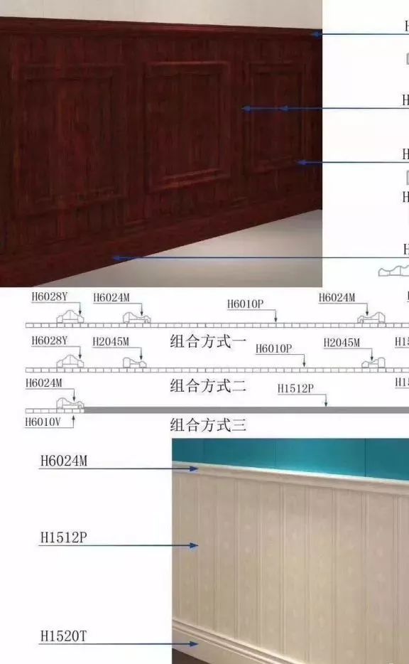 如上图,完整的护墙板安装是由脚线,墙板,腰线,套框,墙框,罗马柱