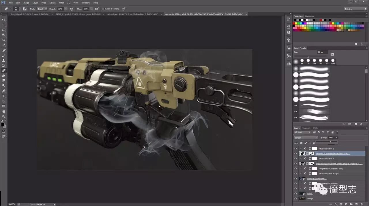 枪械设计简单制作流程：模型 贴图 灯光