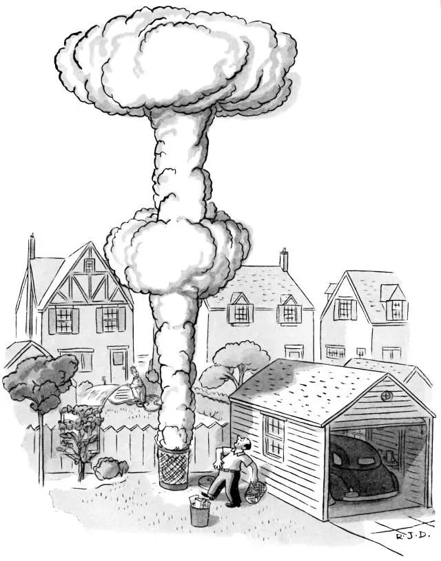 点燃垃圾桶,垃圾桶燃烧的青烟升腾至空中,就像原子弹爆炸产生的蘑菇云