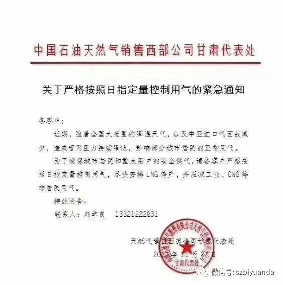 中国石油天然气销售西部公司甘肃代表处 《关于严格按照日指定量控制