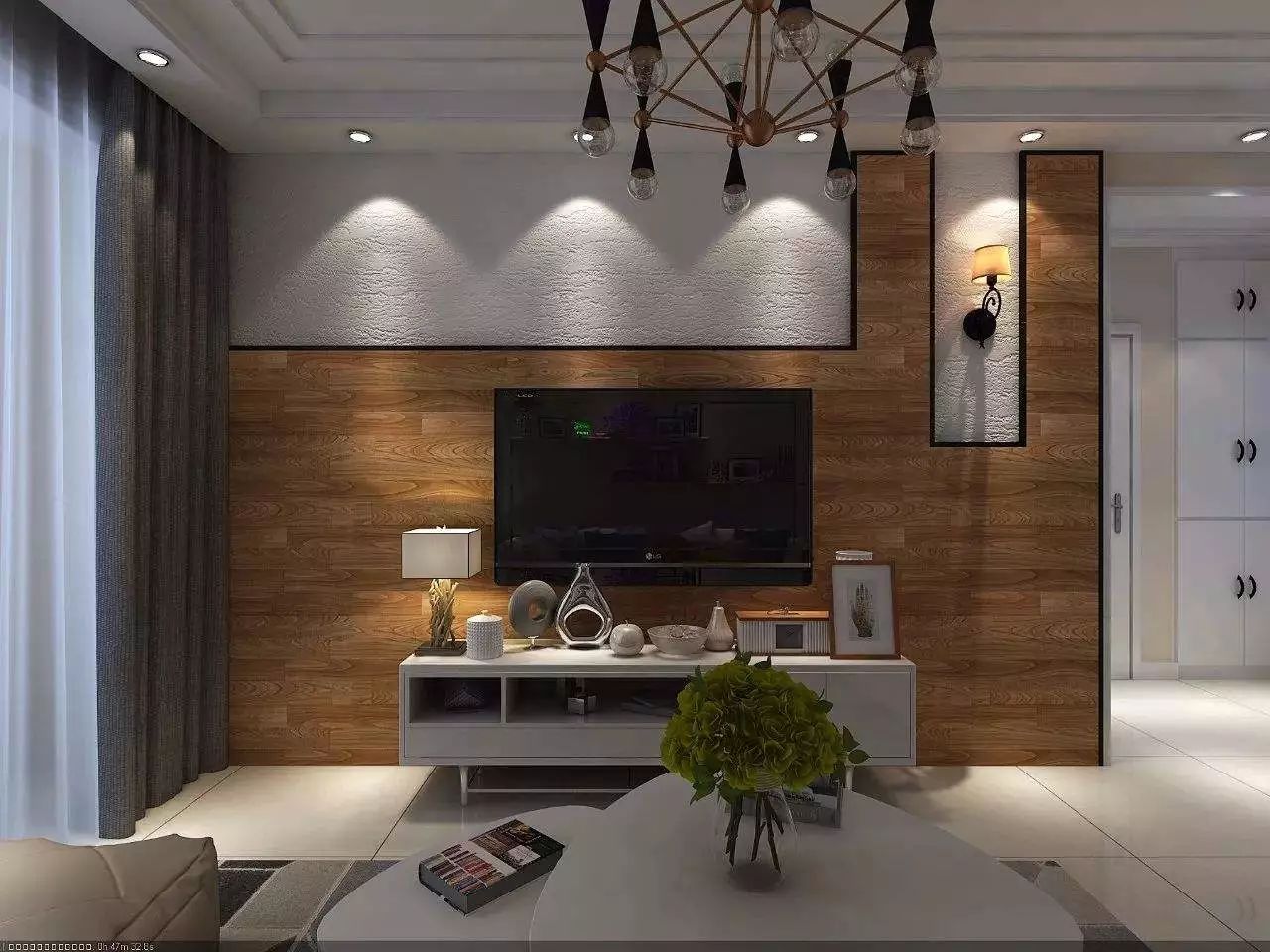 电视背景墙运用木地板上墙,在元素上是空间整体一致,在形状上增加时尚