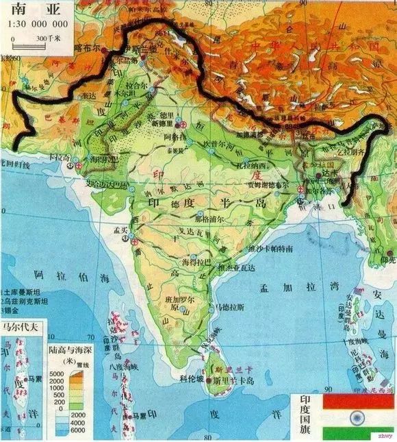 南亚地形图.印度地形以恒河平原和德干高原为主,地形整体比较平缓
