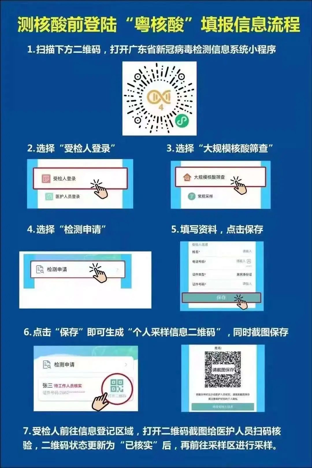 1,请接受核酸检测人员佩戴口罩,携带身份证,手机出示粤康码和信息采集