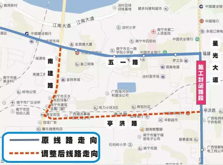 三,1路,21路,k2路公交线路绕行亭洪路,南建路,五一路,星光大道 1路由