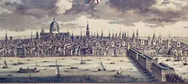 图七:大火后重建的伦敦,包括圣保罗教堂和伦敦桥。