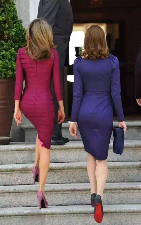 左为西班牙第一夫人莱蒂西亚王妃,右边则是法国前第一夫人卡拉·布吕尼