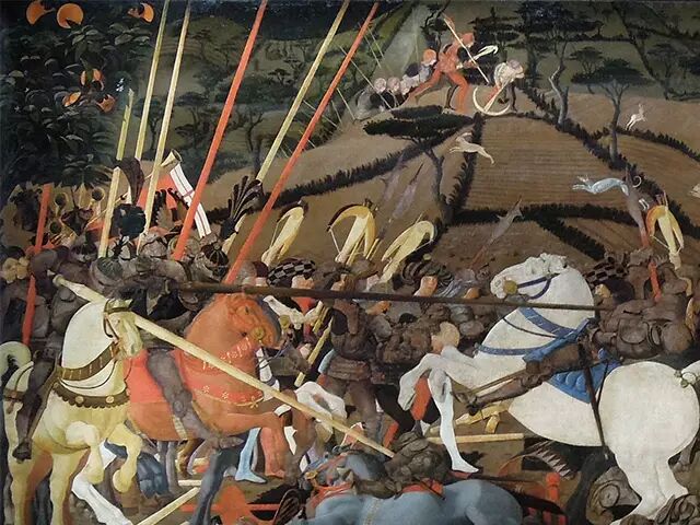 收藏于乌菲奇美术馆的《圣罗马诺战役》之《契阿尔达被杀下马》