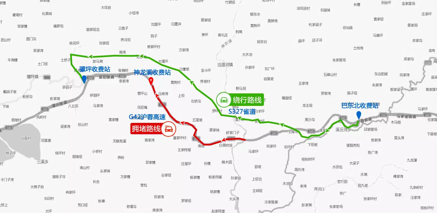 绕行路线:往汉十高速十汉方向车辆,从老何口收费站下站,行驶g316国道