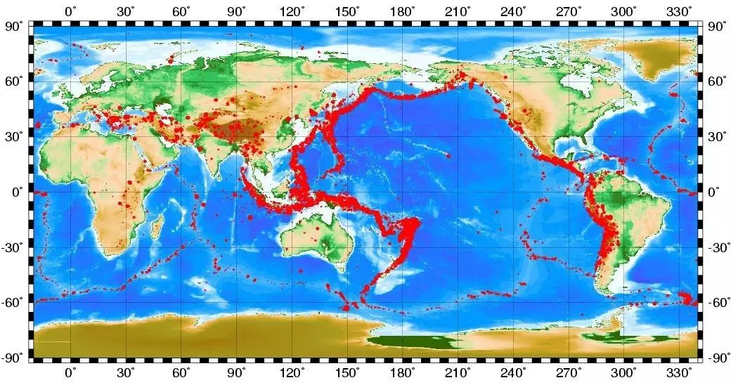 世界主要地震带分布图:环太平洋地震带和欧亚地震带.图源:amuseum.