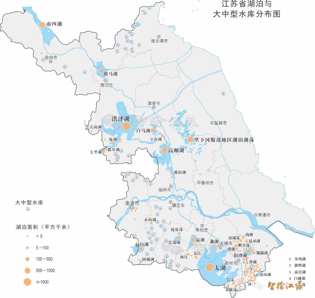 江苏省湖泊与大中型水库分布图地下水江苏多年平均地下水资源量为138.