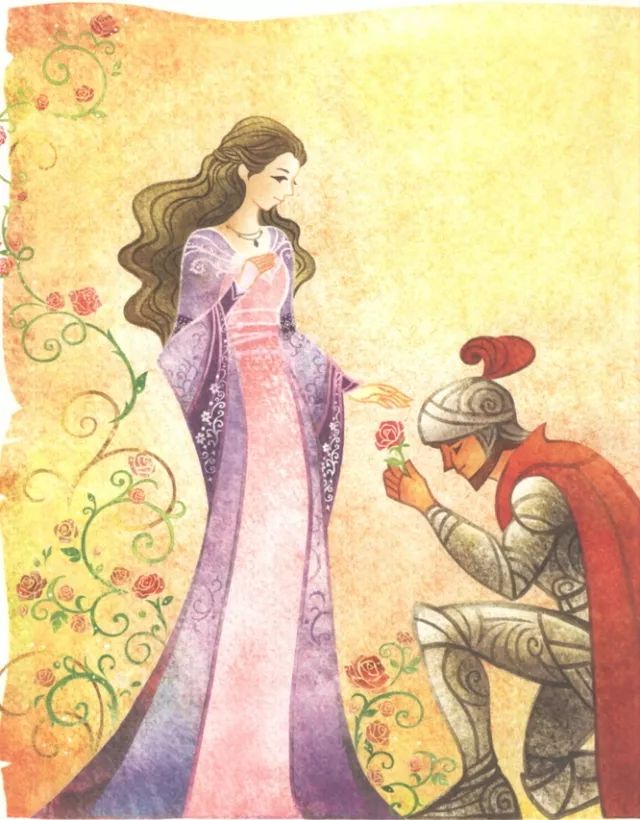 骑士采下玫瑰,称颂公主 公主则用书本感谢骑士的智慧和勇气