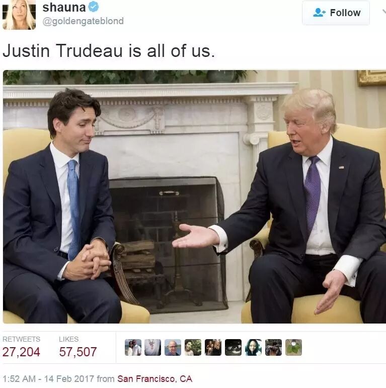 特朗普的握手神功竟然被加拿大帅哥总理化解了！