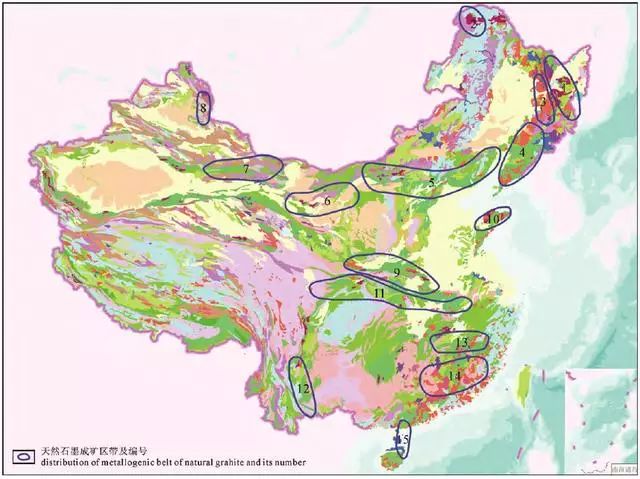 中国天然石墨成矿区带分布图