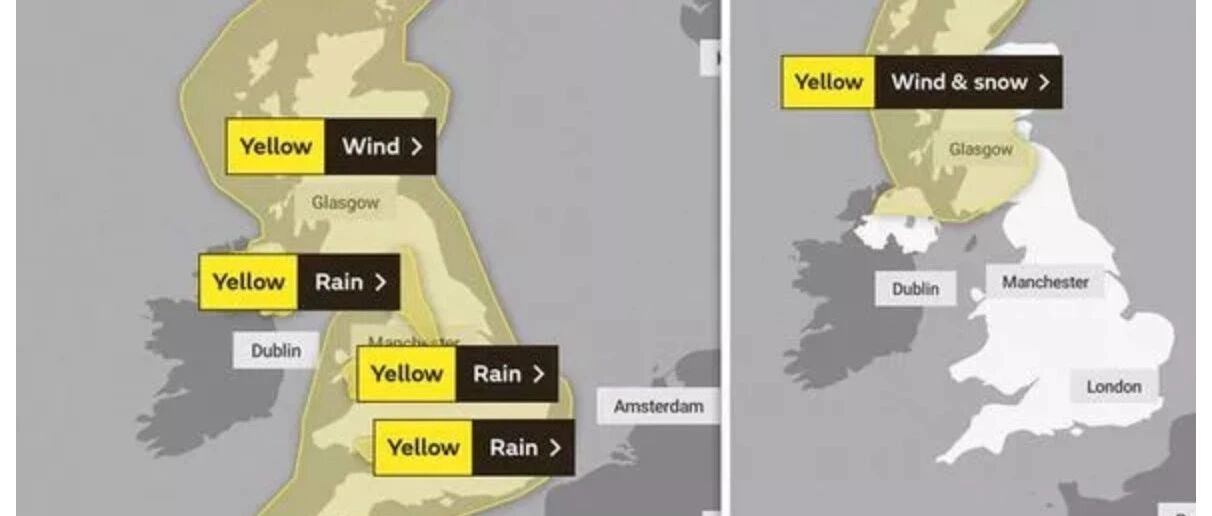 本周末全英黄色天气警报，将迎来强降雨，大风，以及大雪，提前计划出行！