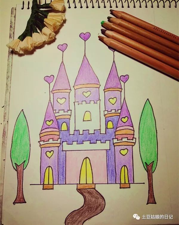 062儿童简笔彩铅画-漂亮的爱心城堡,公主和王子的梦想