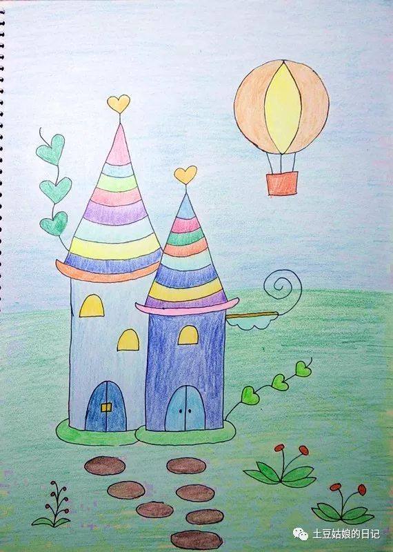 062儿童简笔彩铅画-漂亮的爱心城堡,公主和王子的梦想
