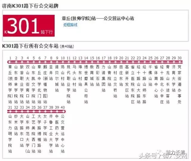 里程最长线路:k301路,里程82公里,由长清公交营运中心开往章丘,连接