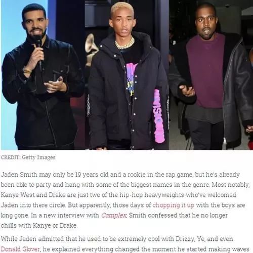 Jaden Smith解释为什么不再与Drake和Kanye West混了.. 长大之后就是男人之间的较量..