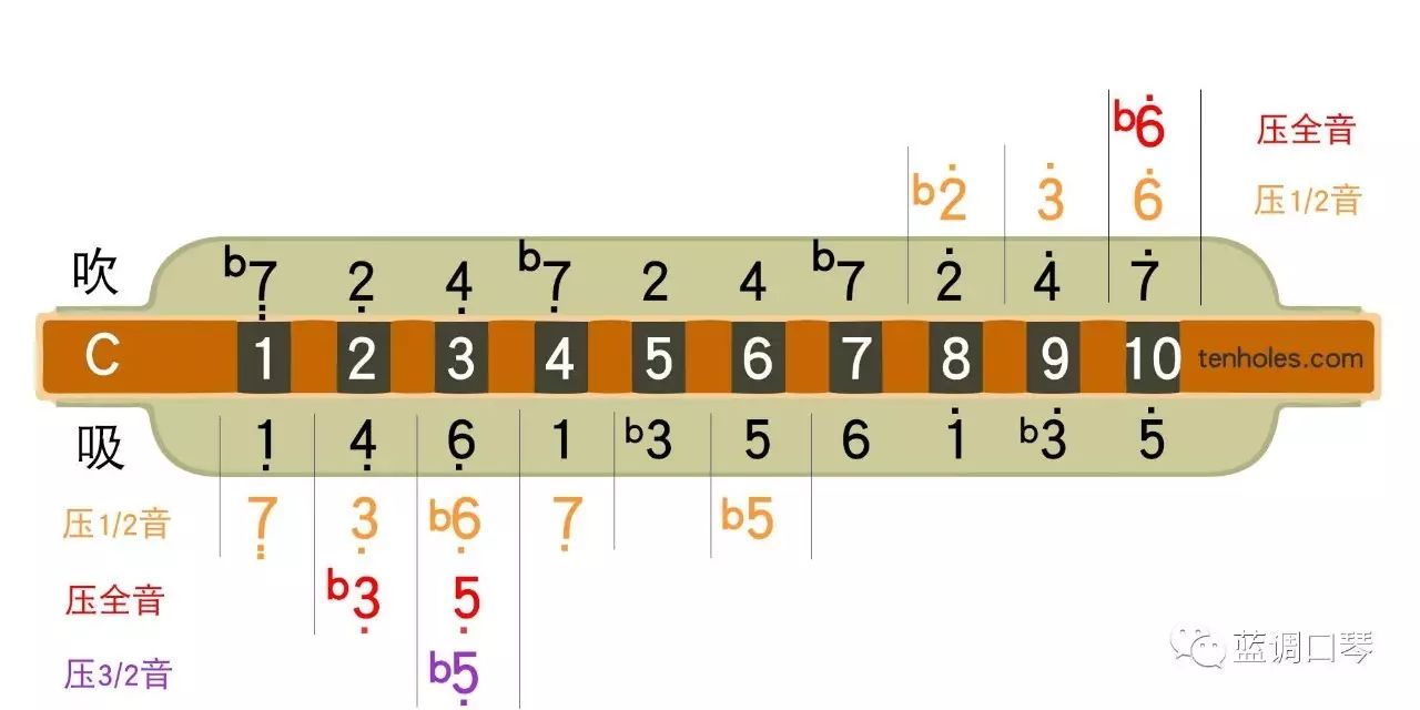 2,我用的是c调口琴第三把位演奏的d小调,第三把位音阶排列图如下