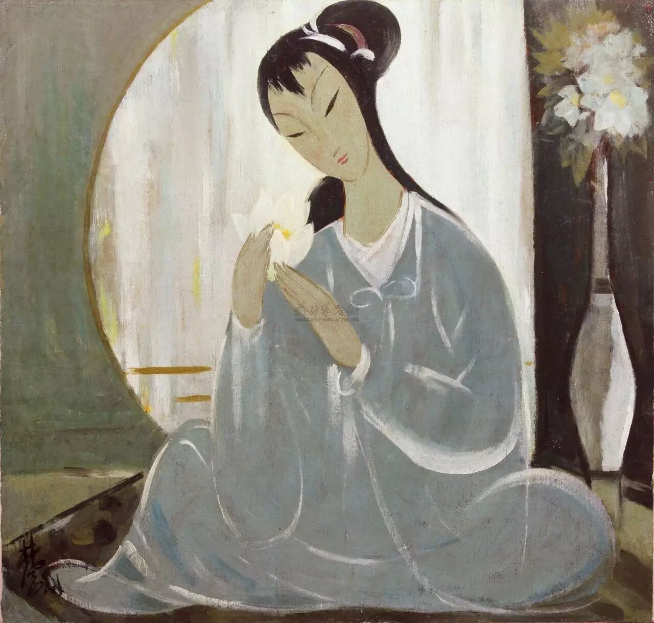林风眠《荷花仕女》 20世纪80年代作 设色纸本 45cm×48.5cm