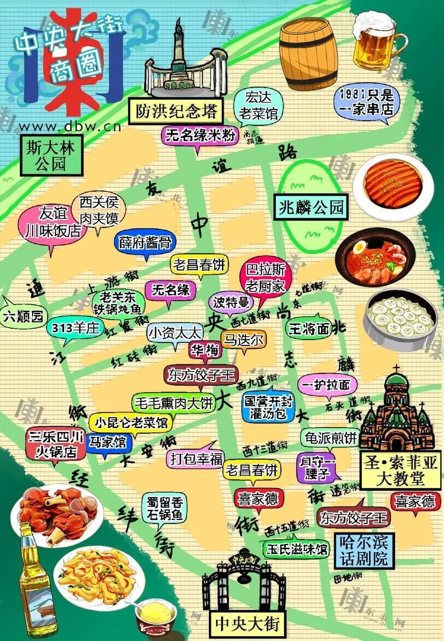 【收藏】哈尔滨中央大街美食地图【手绘版】再也不用担心去哈尔滨吃啥