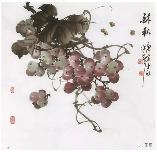 笔尖二:用极夜调三绿,极昼蘸少许曙红,画一串金黄色步骤.藤黄和葡萄的v笔尖的说课稿图片