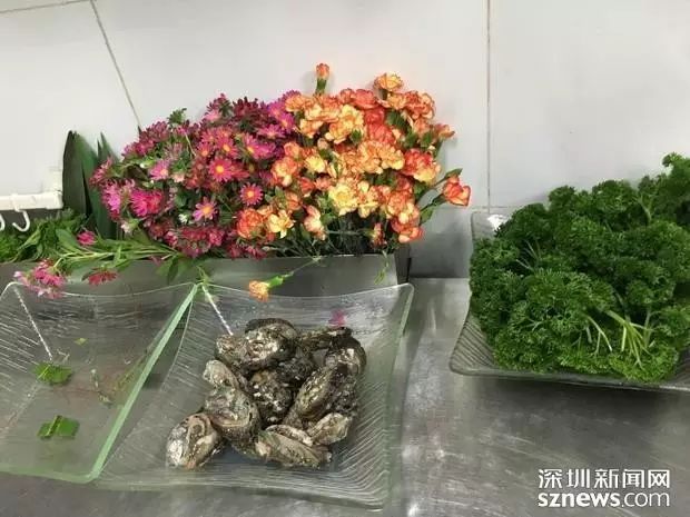粗加工间发现了摆盘的花草,执法人员提醒其统一单独放置.