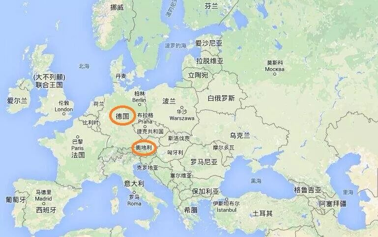 欧洲地图(现在的德国和奥地利为德意志文化区域)