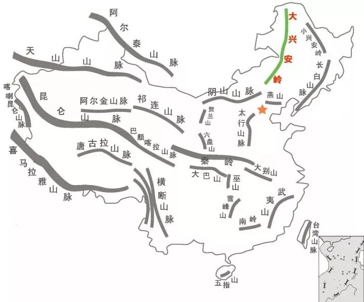 近似南北走向 纵贯中国东北地区西缘 (中国主要山脉分布图,绿色为