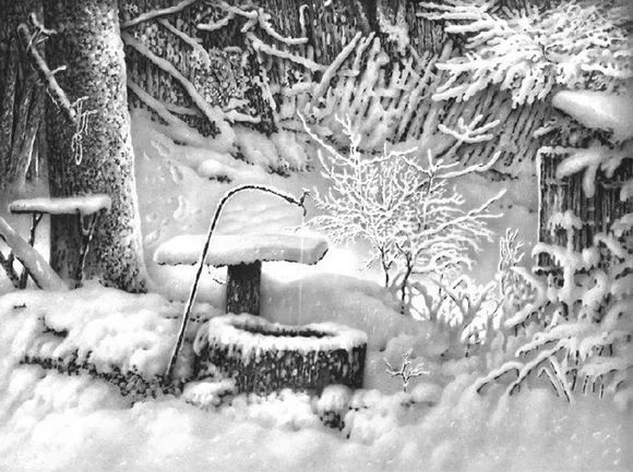 清新透亮的雪花飘落在群树上 发脆的杨木枝被雪压断了 周围的屋宇,全