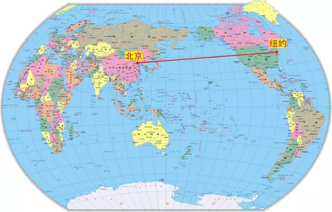 北京-纽约航线在传统世界地图上的表示,北京至纽约越太平洋距离约为